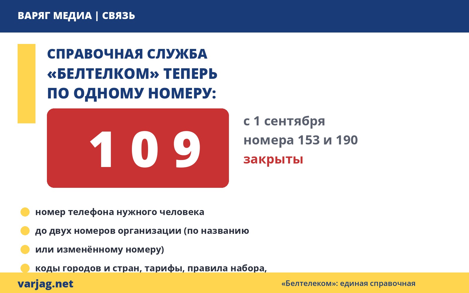 Белтелеком объединил справочные службы под единым номером 109 — инфографика ВАРЯГ
