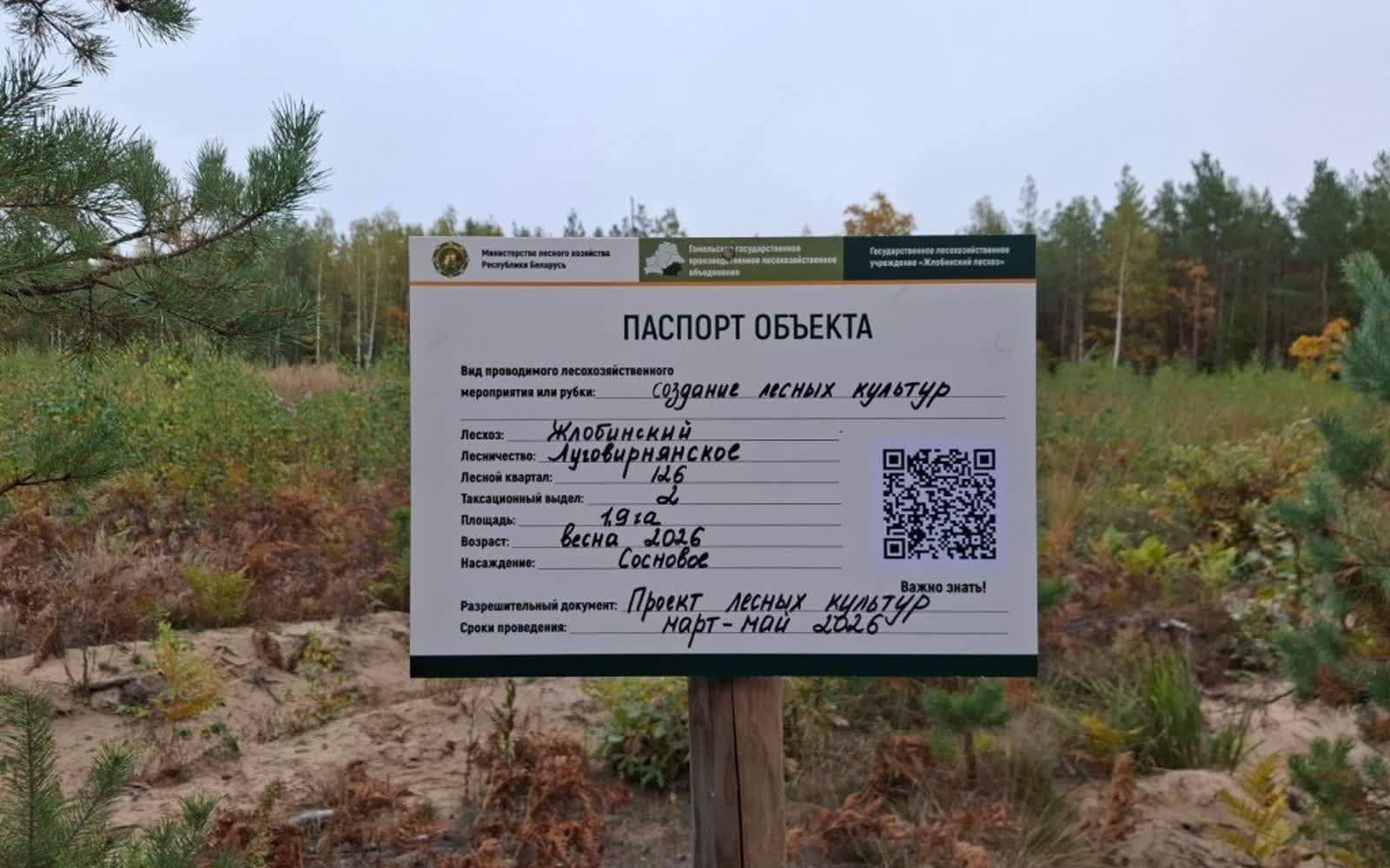Информационный щит с QR-кодом на участке лесных работ в Беларуси